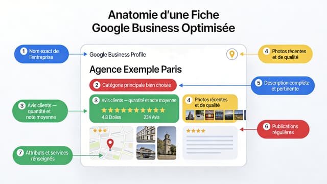 Capture annotée d'une fiche Google Business Profile montrant les zones qui impactent le classement