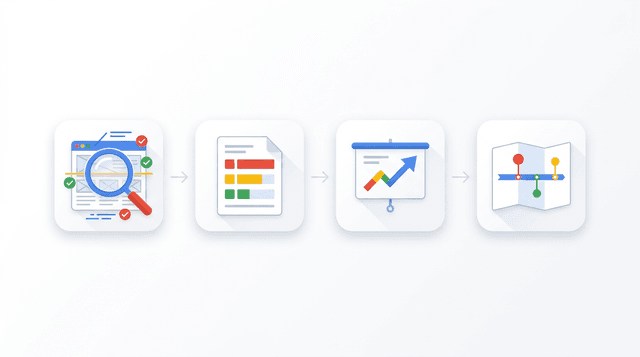 Frise horizontale montrant les 4 étapes d'un audit SEO : analyse, rapport, présentation, feuille de route