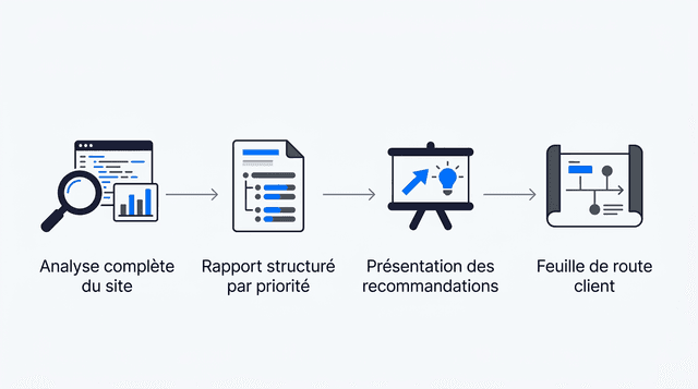 Frise horizontale montrant les 4 étapes d'un audit SEO : analyse, rapport, présentation, feuille de route